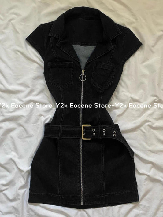 American Retro Black Denim Short Dress