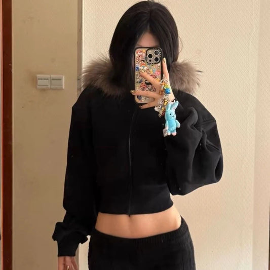 Black Fur Collar Cropped Zipper Hoodie