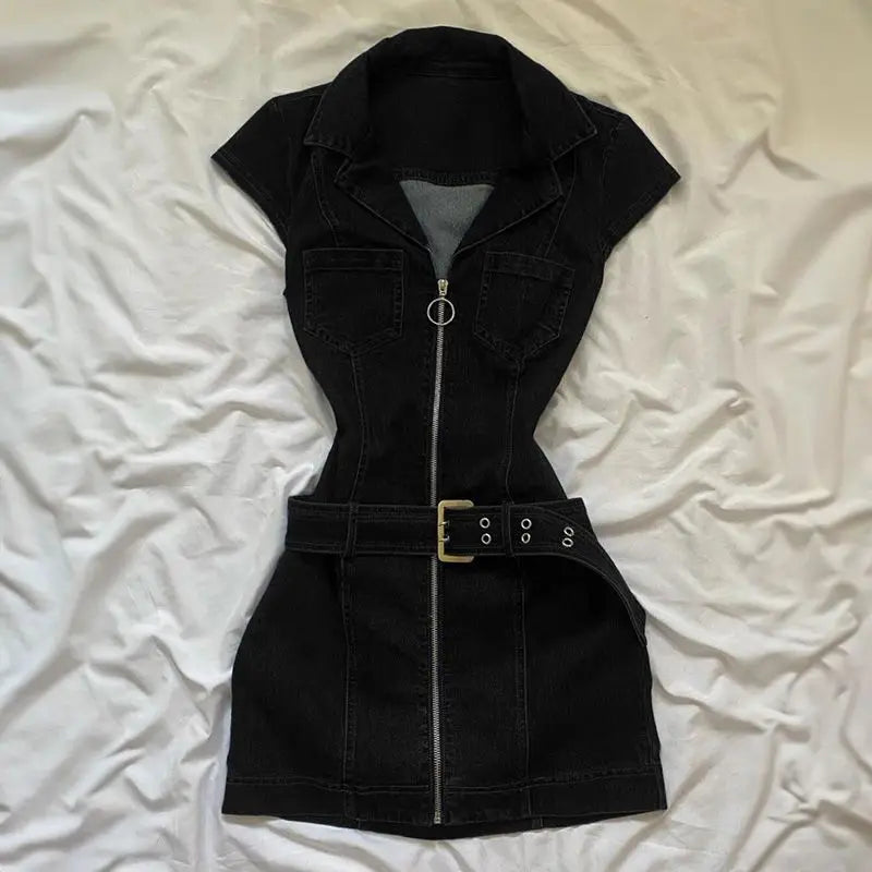 American Retro Black Denim Short Dress