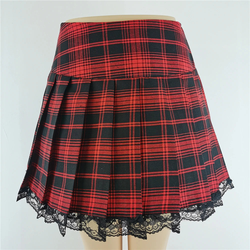 Lace Plaid Pleated Skirt