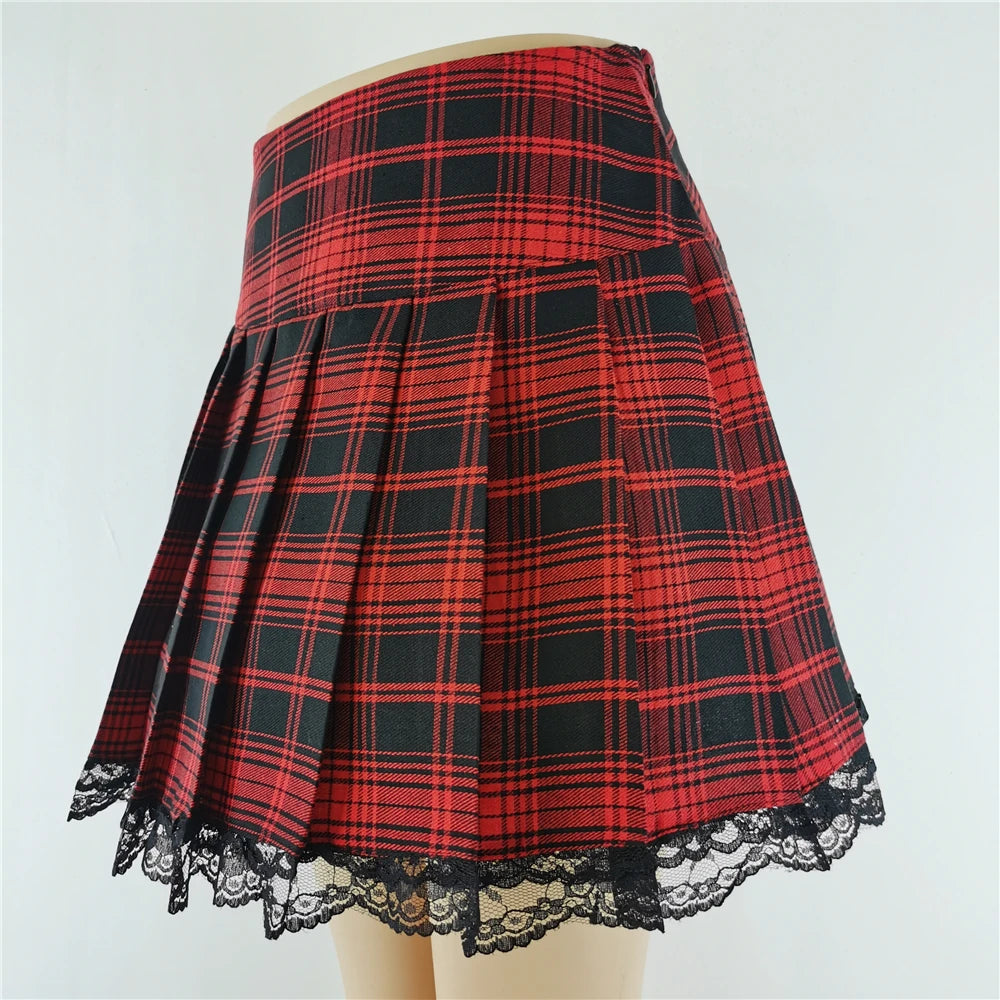 Lace Plaid Pleated Skirt