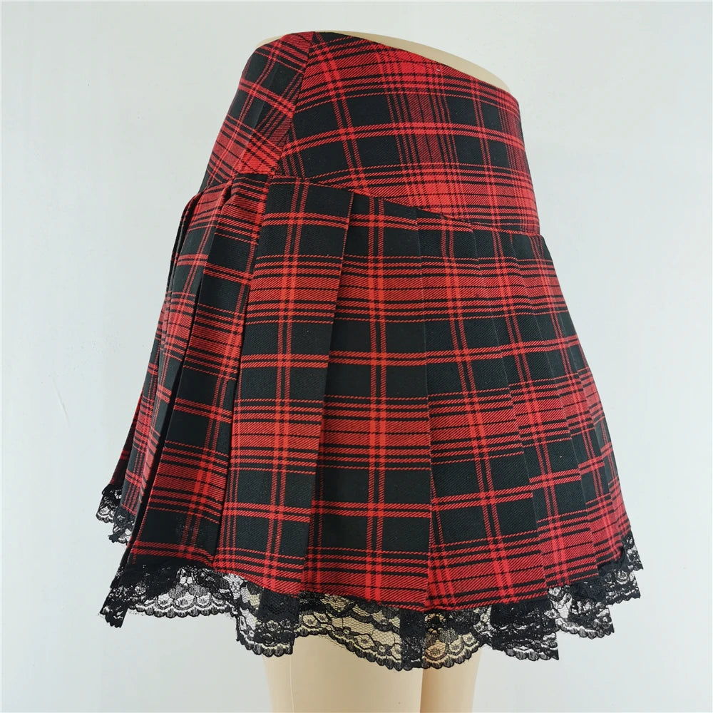 Lace Plaid Pleated Skirt