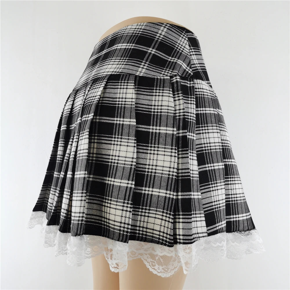 Lace Plaid Pleated Skirt