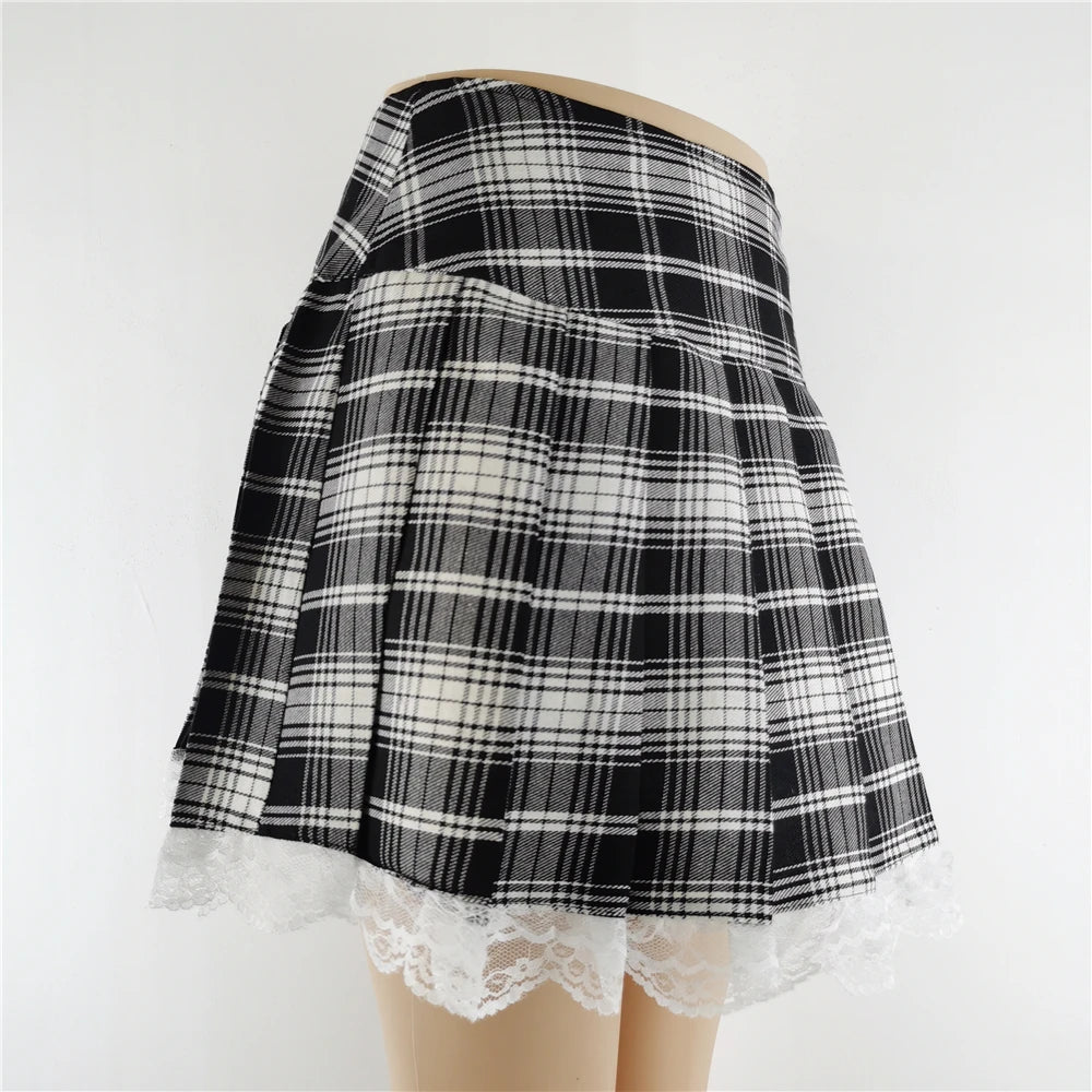 Lace Plaid Pleated Skirt