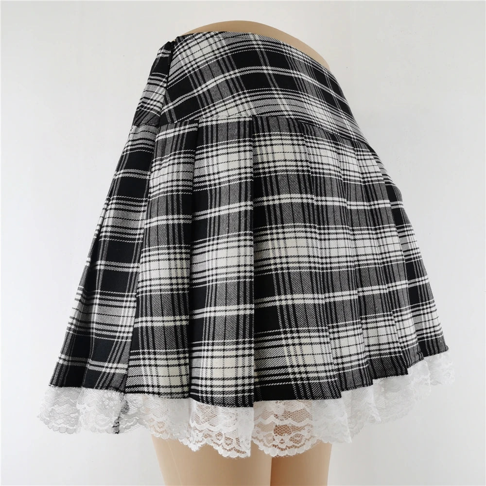 Lace Plaid Pleated Skirt