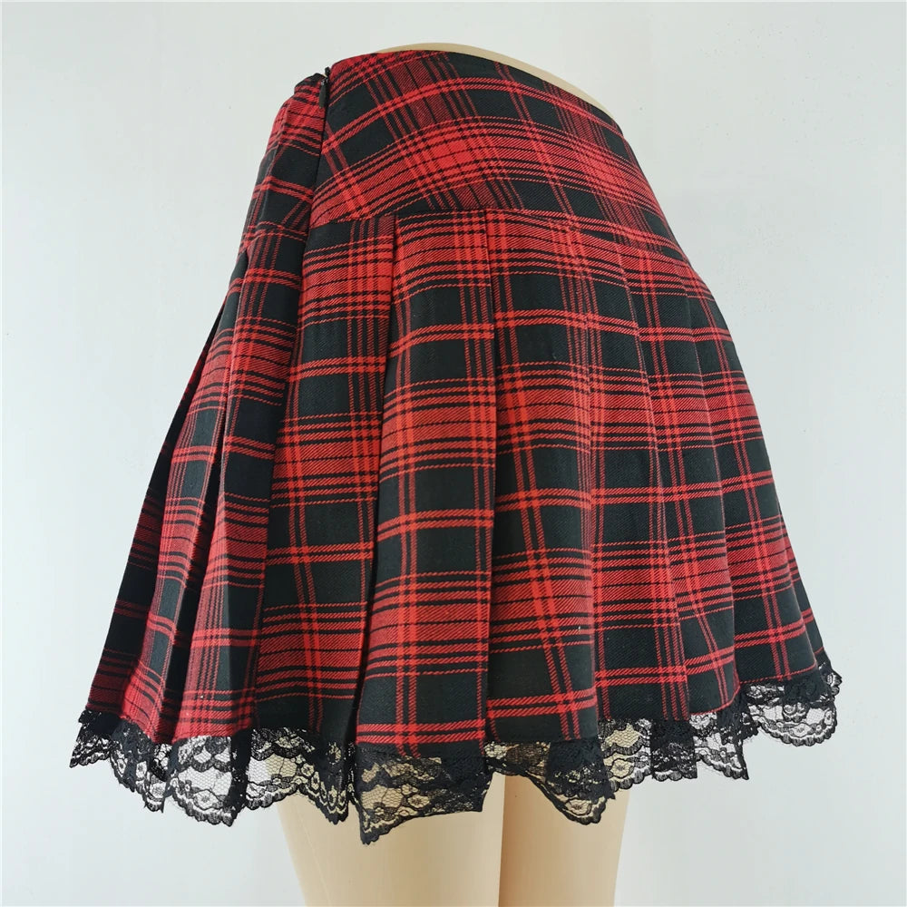 Lace Plaid Pleated Skirt