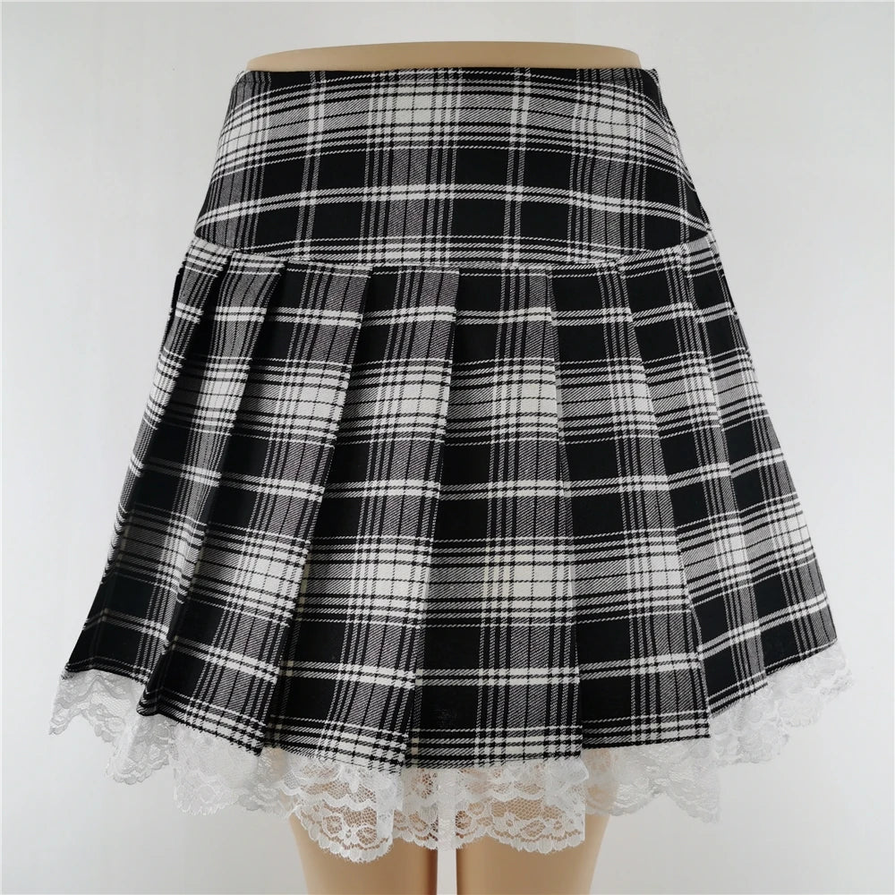 Lace Plaid Pleated Skirt