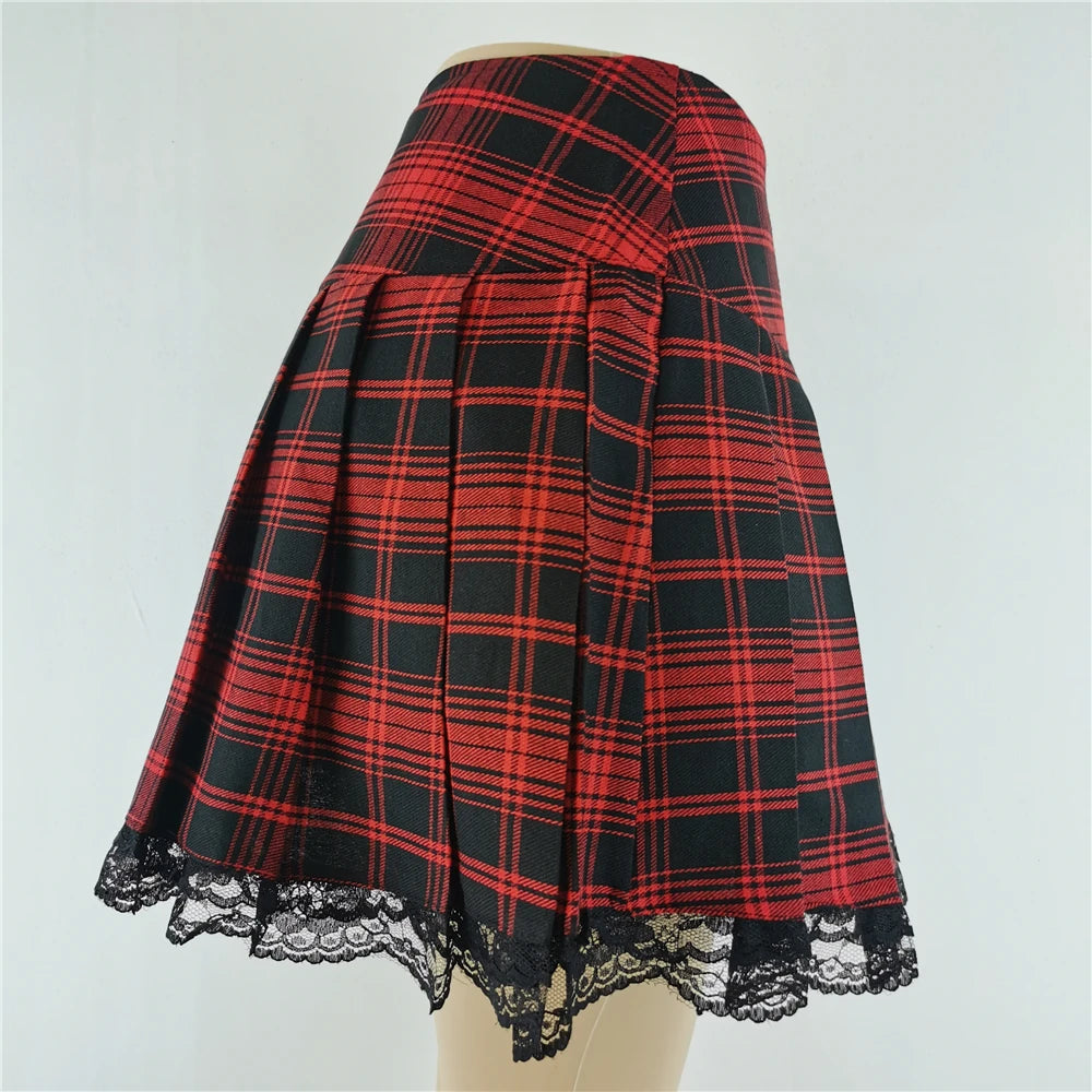 Lace Plaid Pleated Skirt