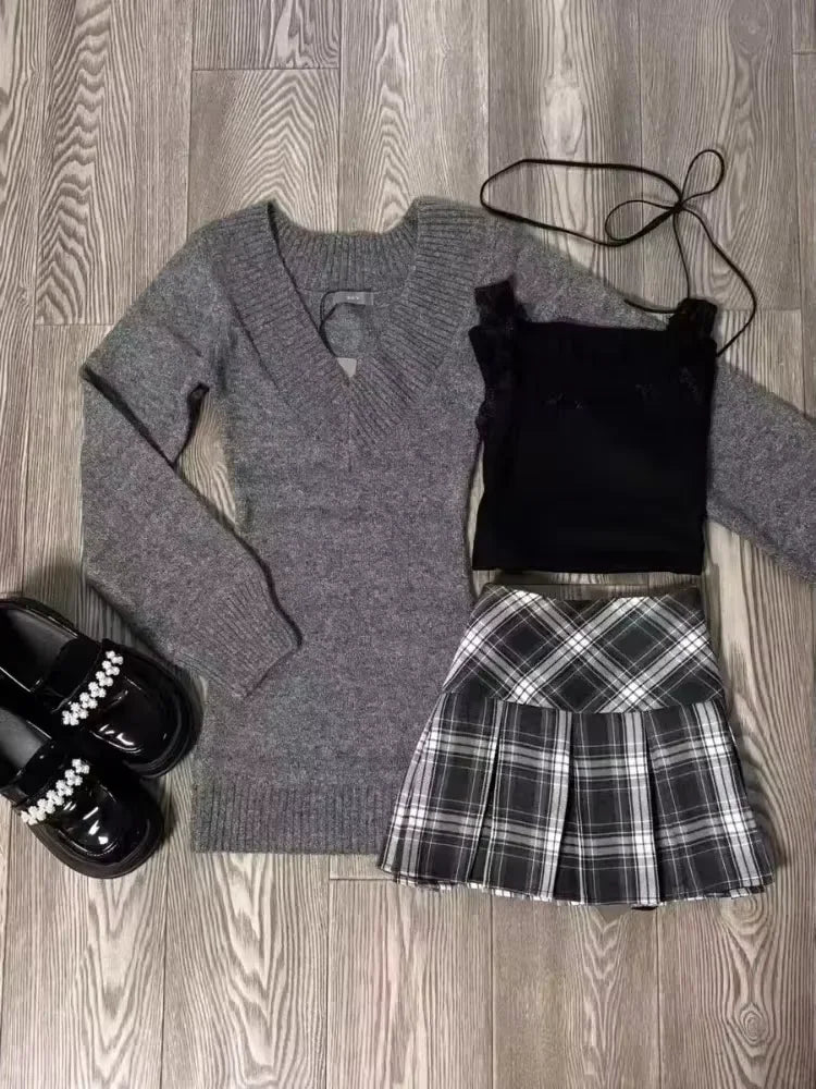 Sweet Preppy Style Skirt Set