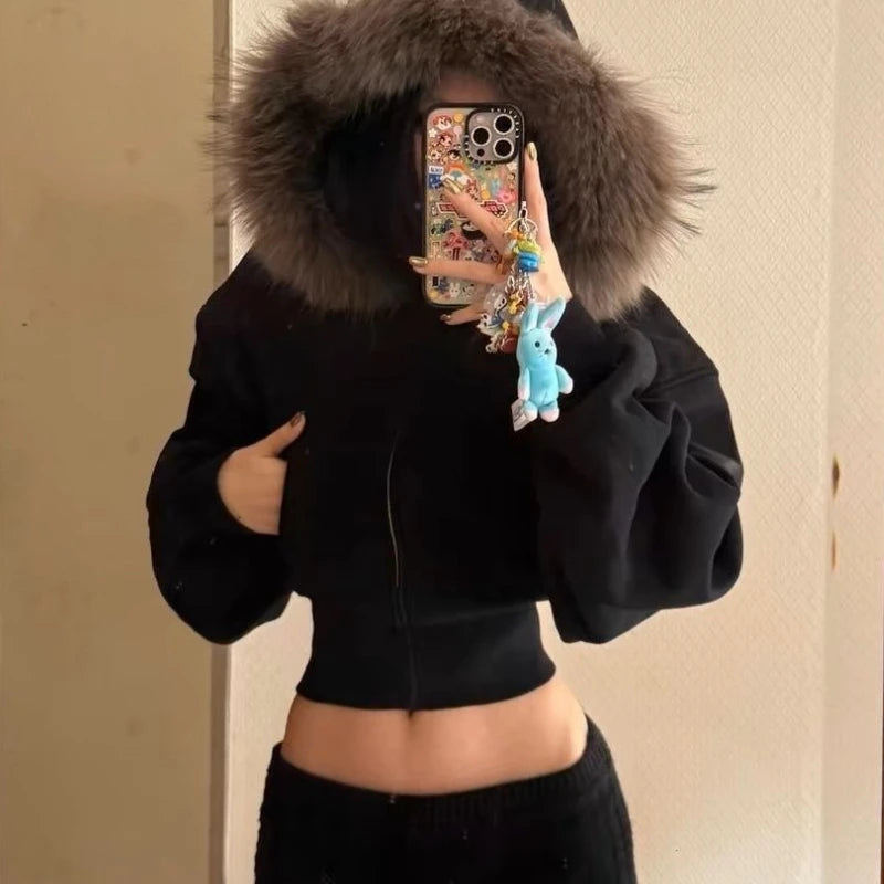 Black Fur Collar Cropped Zipper Hoodie