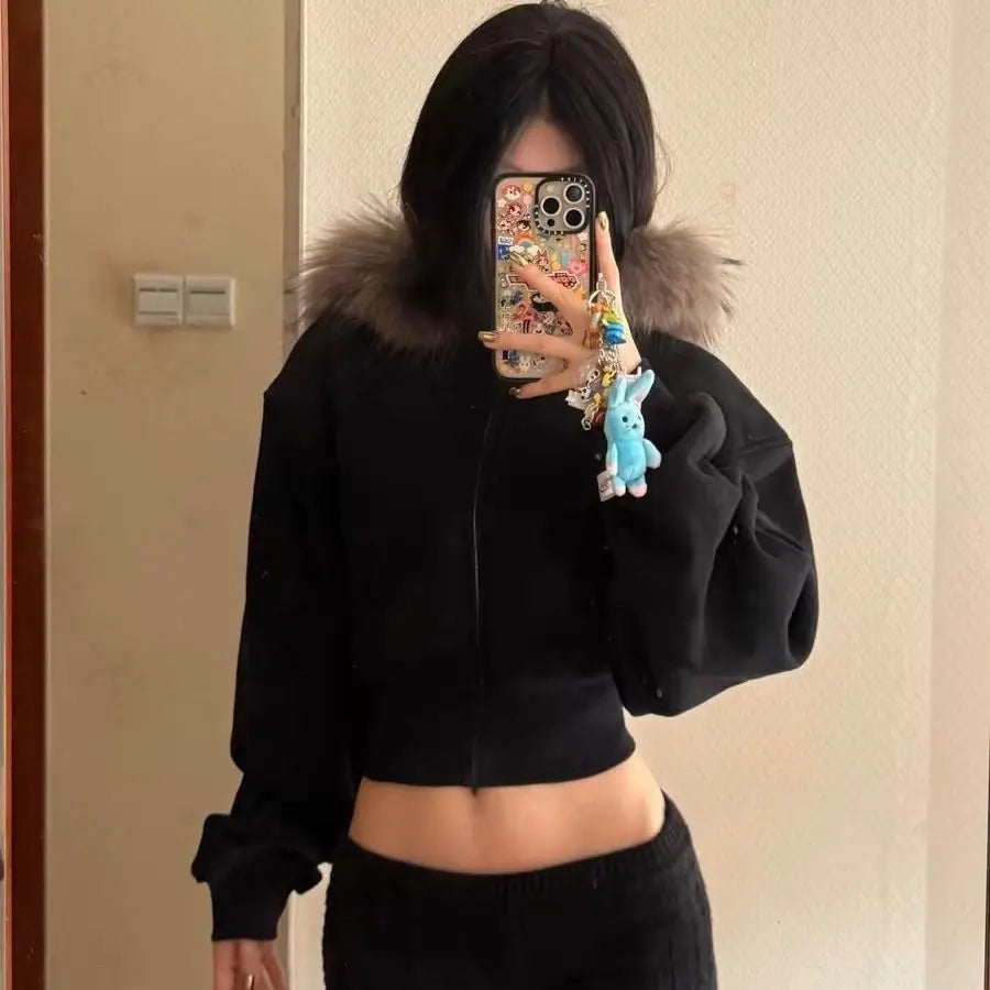 Black Fur Collar Cropped Zipper Hoodie
