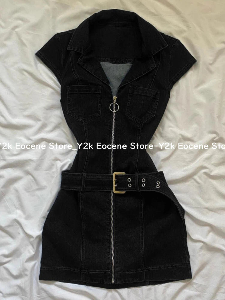 American Retro Black Denim Short Dress