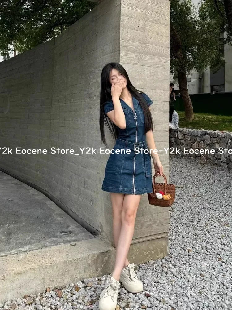 American Retro Black Denim Short Dress