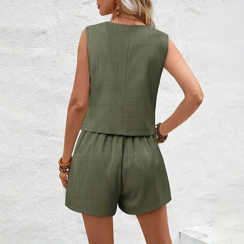Summer Elegant Solid Waistcoat Shorts Set