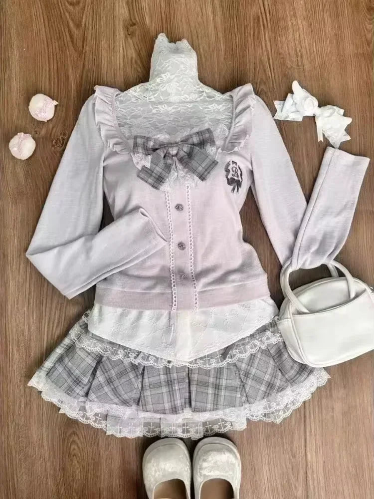 Sweet Preppy Style Skirt Set