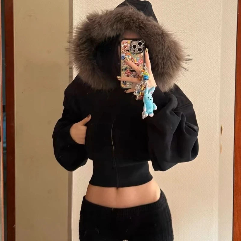 Black Fur Collar Cropped Zipper Hoodie