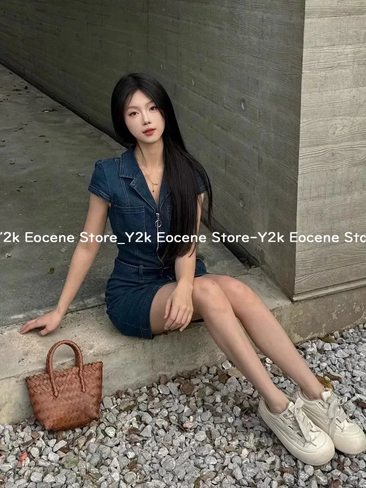 American Retro Black Denim Short Dress