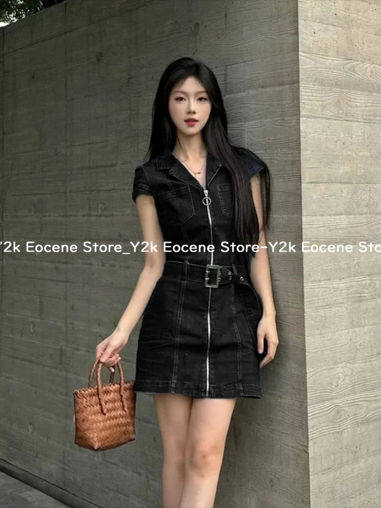 American Retro Black Denim Short Dress