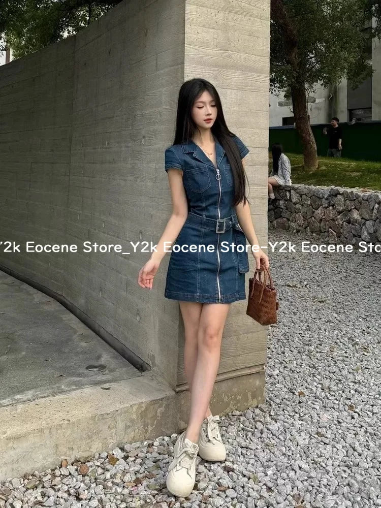 American Retro Black Denim Short Dress