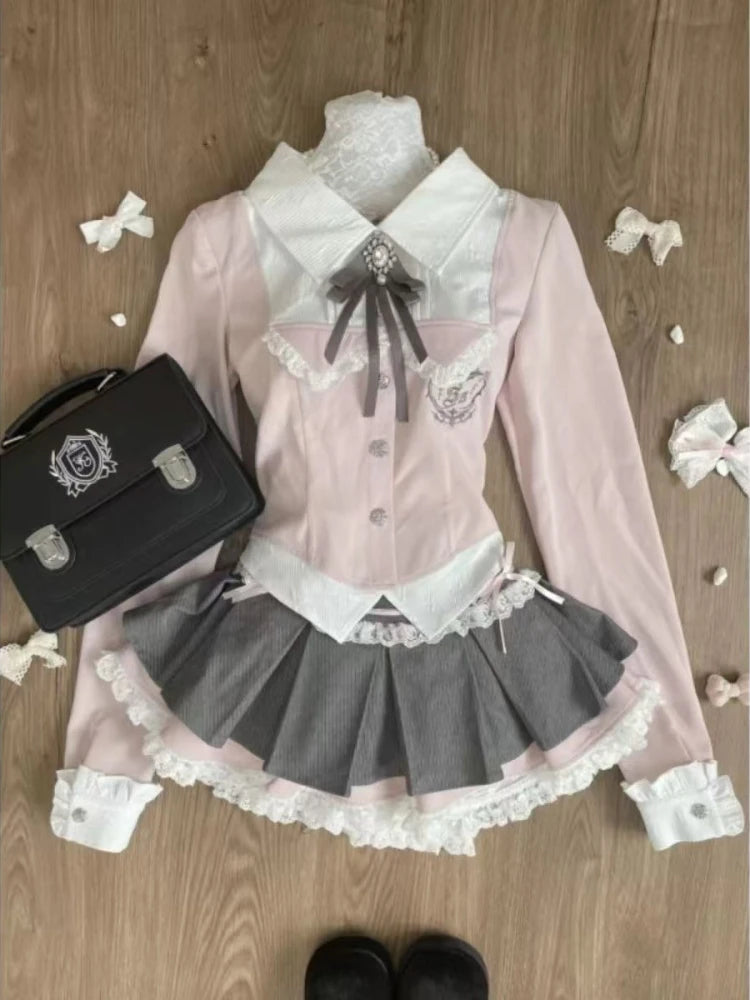 Sweet Preppy Style Skirt Set