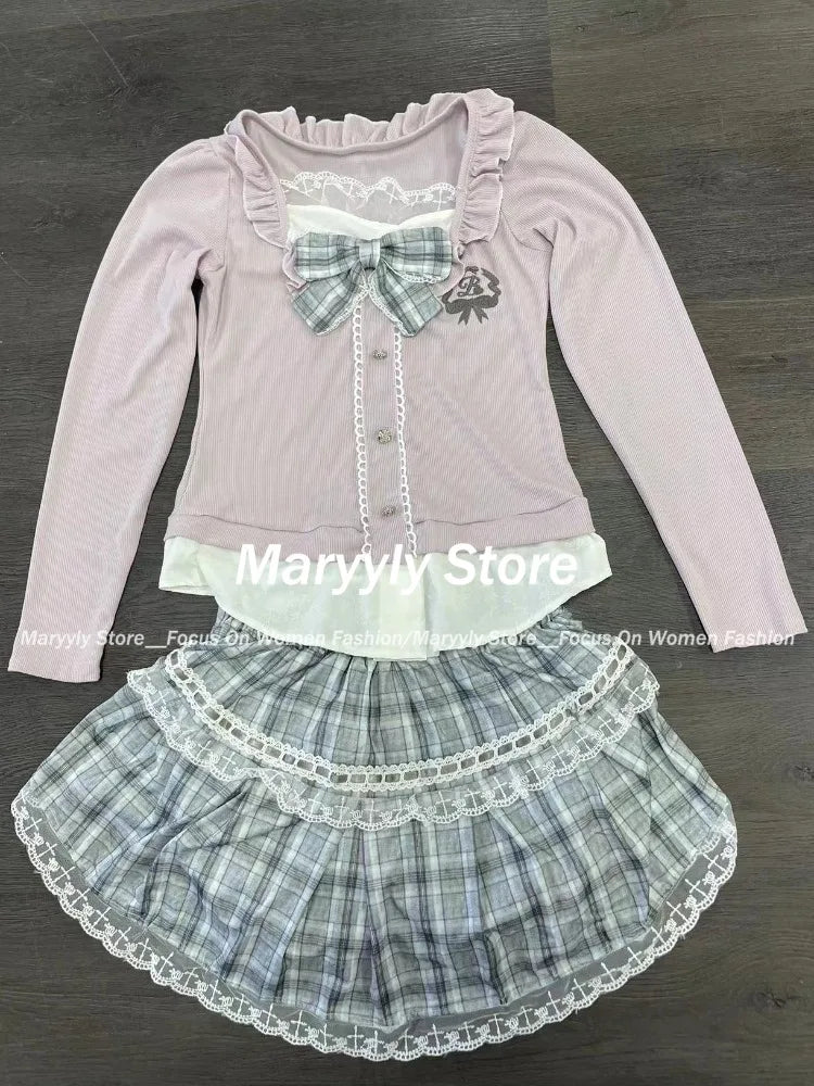 Sweet Preppy Style Skirt Set