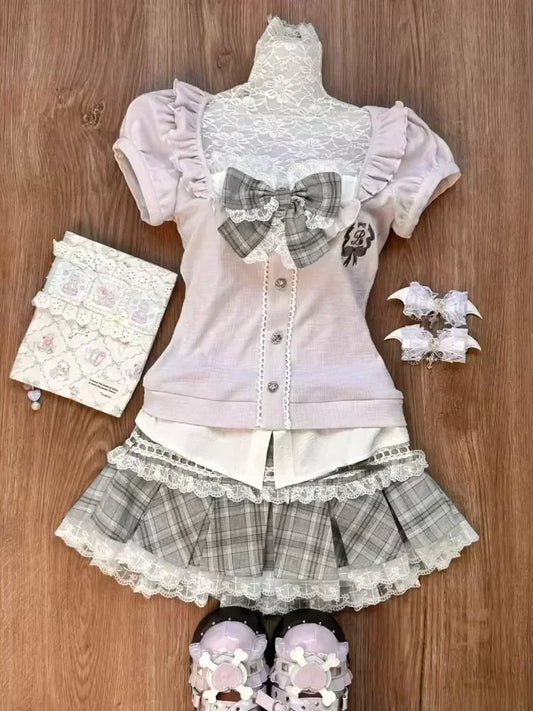 Sweet Preppy Style Skirt Set