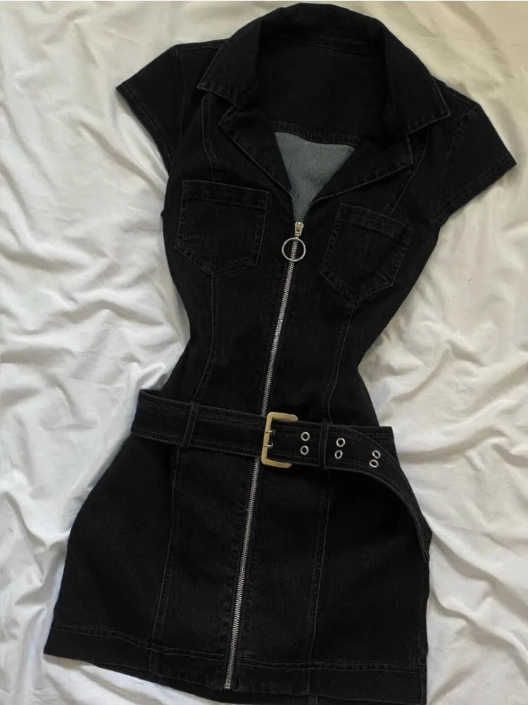 American Retro Black Denim Short Dress