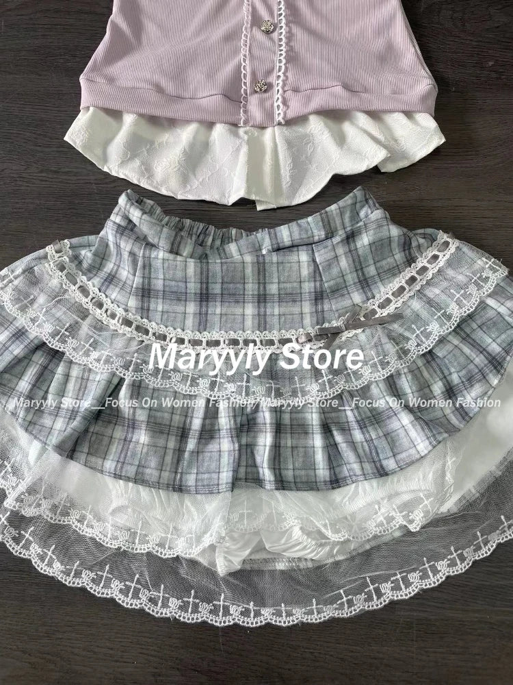Sweet Preppy Style Skirt Set