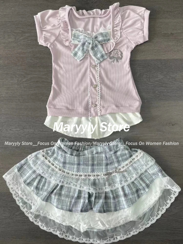 Sweet Preppy Style Skirt Set