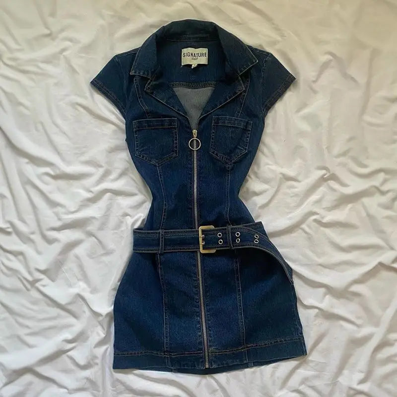 American Retro Black Denim Short Dress