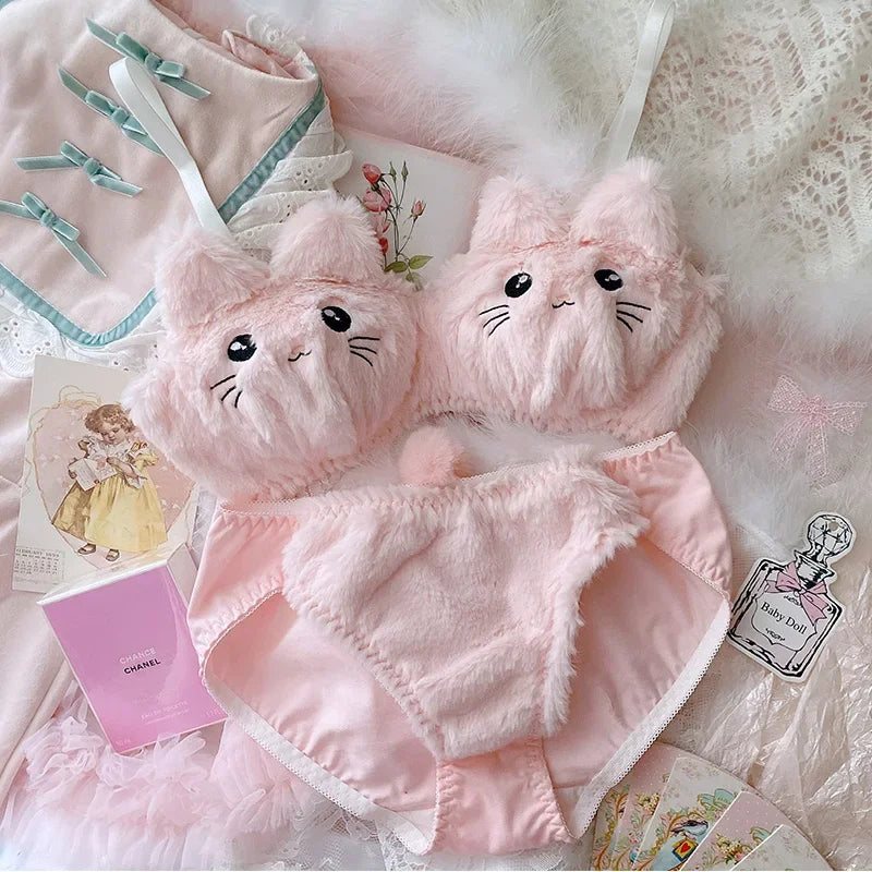 Cute Cat Soft Warm Bra Set