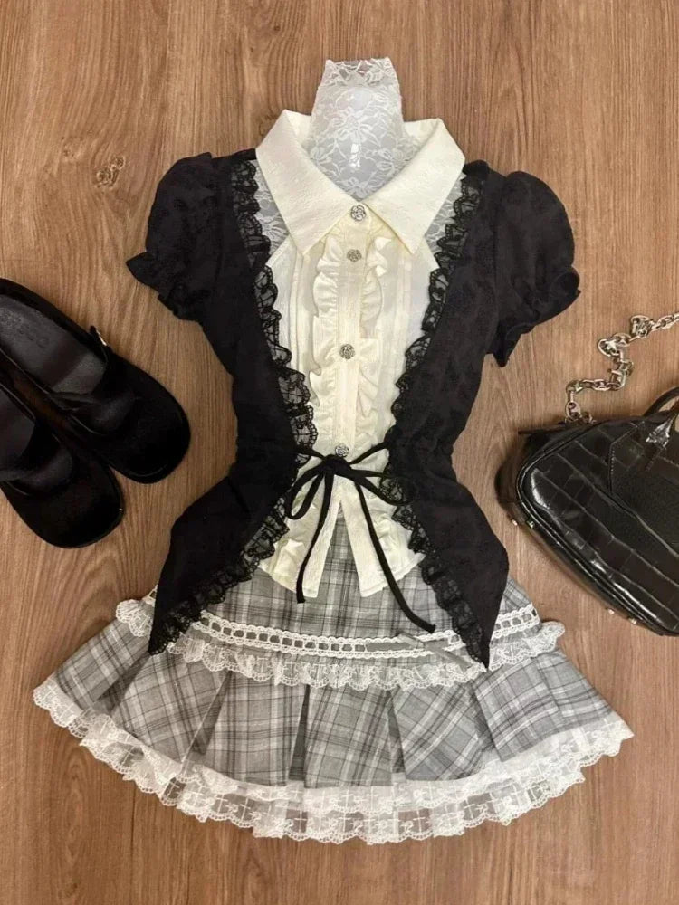 Sweet Preppy Style Skirt Set