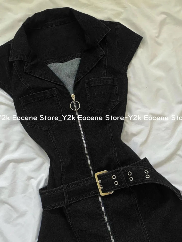 American Retro Black Denim Short Dress