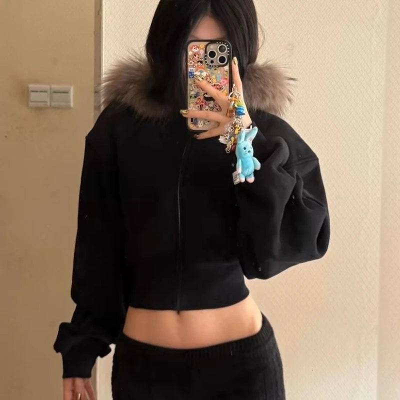 Black Fur Collar Cropped Zipper Hoodie