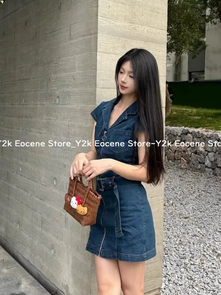 American Retro Black Denim Short Dress