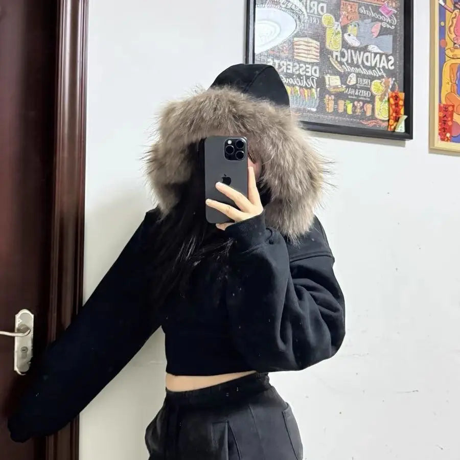 Black Fur Collar Cropped Zipper Hoodie